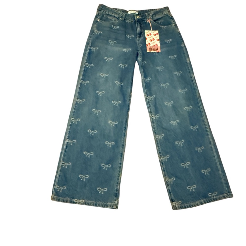 Stylish Blue Bow-Patterned Wide Leg Jeans
